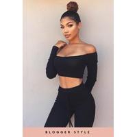 Fiona Black Ribbed Cropped Loungewear Set