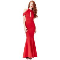 Fishtail Maxi Dress with Cut Out Shoulder Detail - Red