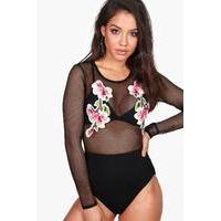 Fishnet Long Sleeve Applique Body - black