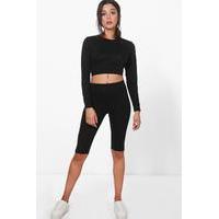 fine knit crop lounge set black