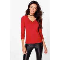 Fine Knit V-Neck Jumper - red