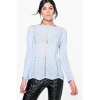 Fine Knit Slash Neck Jumper - blue