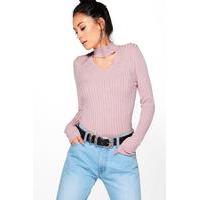 fine ribbed choker v neck jumper rose