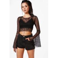 fishnet studded flare crop black