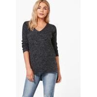 Fine Knit V-Neck Side Split Jumper - black