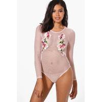 Fishnet Long Sleeve Applique Body - baby pink