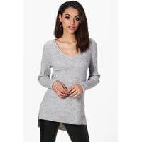 fine knit v neck side split jumper silver