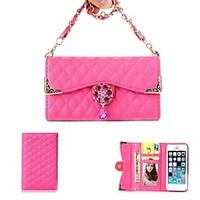 Flowers And Diamond Alloy Necklace Wrist Strap Full Body Leather Wallet Pouch Case for iPhone 5C