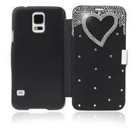 Flip Bling Flower Case Cover PU Leather for Samsung Galaxy S5 i9600 Black