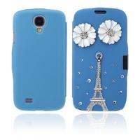 Flip Leather Bling Flower Case Cover PU Leather for Samsung Galaxy S4 i9500 Blue