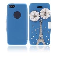 Flip Leather Bling Flower Case Cover PU Leather for iPhone 5 5s Blue