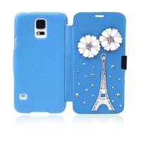 Flip Bling Flower Case Cover PU Leather for Samsung Galaxy S5 i9600 Blue