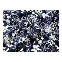 Floral Print Cotton Poplin Dress Fabric White on Navy Blue