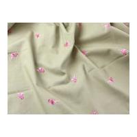 Flamingos Embroidered Linen Look Cotton Dress Fabric Pink on Beige