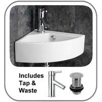 Florence 50cm Wide Medium Sized Wall Mounted Corner Wash Basin Tap and Pop Up Set