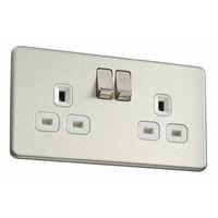 Flatplate screwless 2 Gang 13A Socket Brushed Steel White Insert - E58974