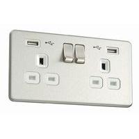 Flatplate screwless 2 Gang 13A Socket Brushed Steel C/W Twin USB White Insert - E58979