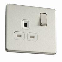 Flatplate screwless 1 Gang 13A Socket Brushed Steel White Insert - E58973