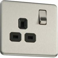 Flatplate screwless 1 Gang 13A Socket Brushed Steel Black Insert - E32273