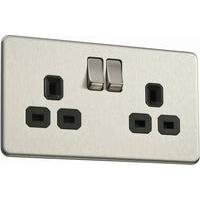 Flatplate screwless 2 Gang 13A Socket Brushed Steel Black Insert - E32274