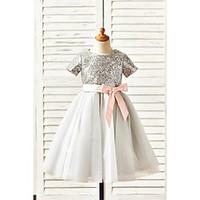 Flower Girl Dress A-line Knee-length - Tulle / Sequined Short Sleeve Jewel with