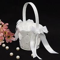 Flower Basket In White Satin With Ribbon Bow Flower Girl Basket