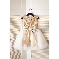 Flower Girl Dress A-line Knee-length - Tulle / Sequined Sleeveless Jewel with Bow(s) / Sequins