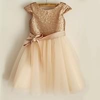 Flower Girl Dress Princess Knee-length - Satin / Tulle / Sequined Short Sleeve Scoop