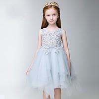 Flower Girl Dress A-line Knee-length - Tulle Sleeveless Jewel with Appliques / Lace