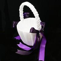Flower Girl Basket In White Satin With Double Ribbon Bow