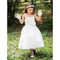 Flower Girl Dress A-line Tea-length - Silk Scoop with Sash / Ribbon