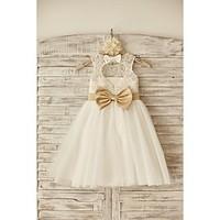 Flower Girl Dress Princess Knee-length - Lace / Tulle Sleeveless Scoop with Bow(s) / Sash / Ribbon