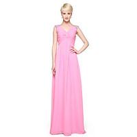 Floor-length Chiffon Bridesmaid Dress - A-line V-neck with Beading / Side Draping