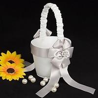 Flower Girl Basket In White Satin With Faux Peal