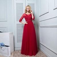 Floor-length Satin / Tulle Bridesmaid Dress - Sheath / Column Scoop with Lace / Sash / Ribbon