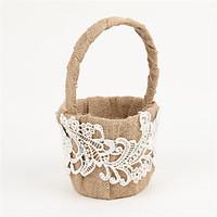 Flower Basket In Beige Linen With Lace Flower Girl Basket