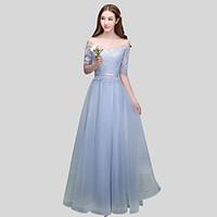 Floor-length Lace / Satin / Tulle Mini Me Bridesmaid Dress - Ball Gown Off-the-shoulder with Sash / Ribbon