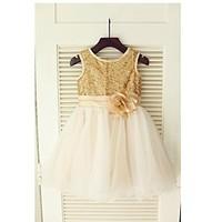 Flower Girl Dress A-line Tea-length - Tulle / Sequined Sleeveless Jewel with