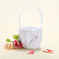 Flower Basket In White Satin With Ribbon Bow Flower Girl Basket