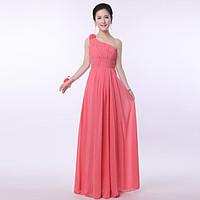 Floor-length One Shoulder Bridesmaid Dress - Floral Sleeveless Chiffon