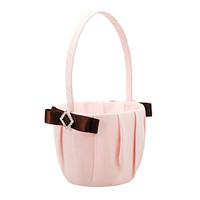 flower basket in pink satin with brown polyester banding and rhineston ...
