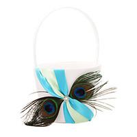 Flower Basket In Blue Satin With Feather Flower Girl Basket Peacock Wedding