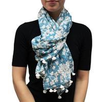 Floral Cotton Tassel Scarf, Blue