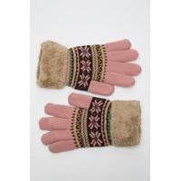 Fluffy Trim Knitted Geo Print Gloves