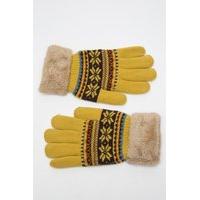 Fluffy Trim Knitted Geo Print Gloves