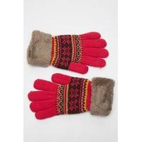 Fluffy Trim Knitted Geo Print Gloves