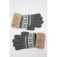 Fluffy Trim Knitted Geo Print Gloves