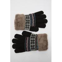 Fluffy Trim Knitted Geo Print Gloves