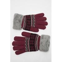 Fluffy Trim Knitted Geo Print Gloves