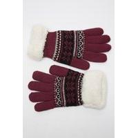 Fluffy Trim Knitted Geo Print Gloves